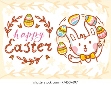 Happy Easter. Greeting card Illustration with cute Easter Bunny and lettering, calligraphy text. Hand drawn cute holiday art in vector cartoon style for poster, banner, invitation, decoration, print