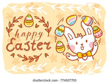 Happy Easter. Greeting card Illustration with cute Easter Bunny and lettering, calligraphy text. Hand drawn cute holiday art in vector cartoon style for poster, banner, invitation, decoration, print
