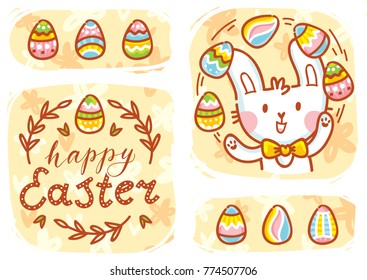 Happy Easter. Greeting card Illustration with cute Easter Bunny and lettering, calligraphy text. Hand drawn cute holiday art in vector cartoon style for poster, banner, invitation, decoration, print