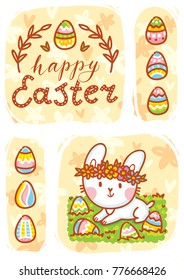 Happy Easter. Greeting card Illustration with cute Easter Bunny and lettering, calligraphy text. Hand drawn cute holiday art in vector cartoon style for poster, banner, invitation, decoration, print