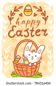 Happy Easter. Greeting card Illustration with cute Easter Bunny and lettering, calligraphy text. Hand drawn cute holiday art in vector cartoon style for poster, banner, invitation, decoration, print