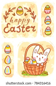 Happy Easter. Greeting card Illustration with cute Easter Bunny and lettering, calligraphy text. Hand drawn cute holiday art in vector cartoon style for poster, banner, invitation, decoration, print