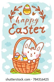 Happy Easter. Greeting card Illustration with cute Easter Bunny and lettering, calligraphy text. Hand drawn cute holiday art in vector cartoon style for poster, banner, invitation, decoration, print