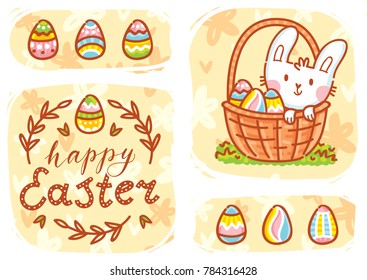 Happy Easter. Greeting card Illustration with cute Easter Bunny and lettering, calligraphy text. Hand drawn cute holiday art in vector cartoon style for poster, banner, invitation, decoration, print