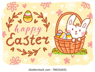Happy Easter. Greeting card Illustration with cute Easter Bunny and lettering, calligraphy text. Hand drawn cute holiday art in vector cartoon style for poster, banner, invitation, decoration, print