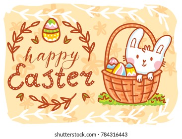 Happy Easter. Greeting card Illustration with cute Easter Bunny and lettering, calligraphy text. Hand drawn cute holiday art in vector cartoon style for poster, banner, invitation, decoration, print
