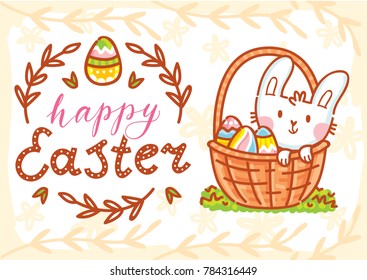 Happy Easter. Greeting card Illustration with cute Easter Bunny and lettering, calligraphy text. Hand drawn cute holiday art in vector cartoon style for poster, banner, invitation, decoration, print