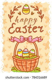 Happy Easter. Greeting card Illustration with lettering, calligraphy text. Cute hand drawn holiday art in vector cartoon style for poster, banner, invitation, decoration, print