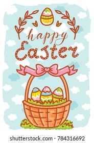 Happy Easter. Greeting card Illustration with lettering, calligraphy text. Cute hand drawn holiday art in vector cartoon style for poster, banner, invitation, decoration, print