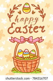 Happy Easter. Greeting card Illustration with lettering, calligraphy text. Cute hand drawn holiday art in vector cartoon style for poster, banner, invitation, decoration, print