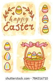 Happy Easter. Greeting card Illustration with lettering, calligraphy text. Cute hand drawn holiday art in vector cartoon style for poster, banner, invitation, decoration, print