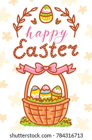 Happy Easter. Greeting card Illustration with lettering, calligraphy text. Cute hand drawn holiday art in vector cartoon style for poster, banner, invitation, decoration, print