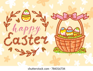 Happy Easter. Greeting card Illustration with lettering, calligraphy text. Cute hand drawn holiday art in vector cartoon style for poster, banner, invitation, decoration, print