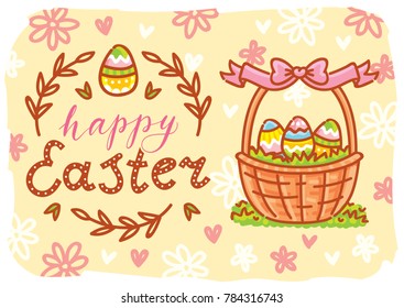 Happy Easter. Greeting card Illustration with lettering, calligraphy text. Cute hand drawn holiday art in vector cartoon style for poster, banner, invitation, decoration, print
