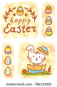 Happy Easter. Greeting card Illustration with cute Easter Bunny sitting in egg and lettering, calligraphy text. Hand drawn cute holiday art in vector cartoon style 