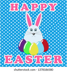 
Happy Easter greeting card. An image of a hare with colorful Easter eggs. Rabbit icon. Vector illustration EPS 10.