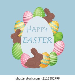Happy Easter. Greeting card with an image of an Easter bunny and colored Easter eggs on a blue background. Vector illustration