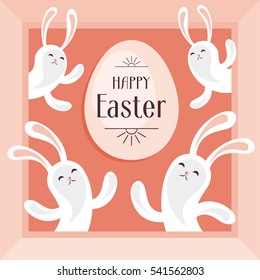 Happy Easter greeting card. The image of eggs and white rabbits on a pink background. Vector illustration.