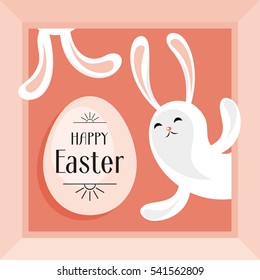 Happy Easter greeting card. The image of eggs and white rabbits on a pink background. Vector illustration.