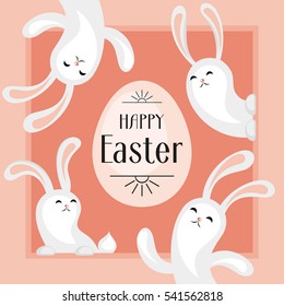 Happy Easter greeting card. The image of eggs and white rabbits on a pink background. Vector illustration.