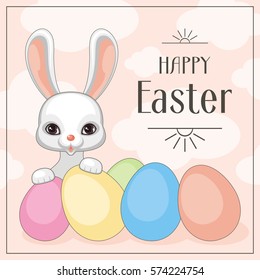 Happy Easter greeting card with the image of a white Easter Bunny. Vector illustration.