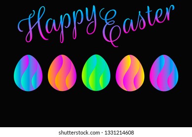 Happy easter greeting card with inscription and modern trendy eggs with bright creative neon colors and futuristic flow liquid shapes decor. Black background. Vector EPS 10 illustration.  