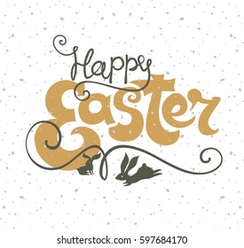 Happy Easter greeting card. Inscription and Easter bunnies. Vector template.