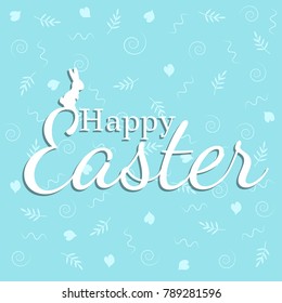 Happy Easter. Greeting card with inscription, rabbit and doodles. Vector illustration
