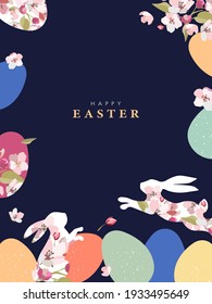 Happy Easter greeting card, invitation, holiday cover, poster or flyer design. Trendy Easter template with frame made of eggs, rabbits and spring flowers in pastel colors on dark blue background.