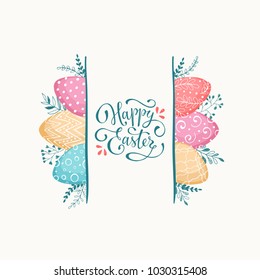 Happy Easter greeting card isolated on white background. Easter eggs composition hand drawn. Decorative horizontal frame from eggs with leaves and calligraphic wording.