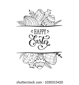 Happy Easter greeting card isolated on white background. Easter eggs composition hand drawn black on white. Decorative vertical frame from eggs with leaves and calligraphic wording.