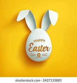 Happy Easter greeting card isolated on a yellow background with white egg with bunny ears. Paschal white egg with rabbit ears. Funny rabbit. Holy Happy Holidays. Easter Egg Hunt cover. Easter egg hunt