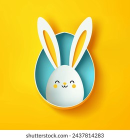 Tarjeta de felicitación de Pascua feliz aislada en un fondo amarillo. Póster de Pascua o banner con huevo blanco agrietado y orejas de banny. Cubierta del Día de Pascua para el Santo Pascual. Semana Santa. Cristo ha resucitado. Pascua festiva