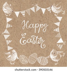 Happy Easter. Greeting card or isolated elements for your design.  Festive vector set on kraft paper.
