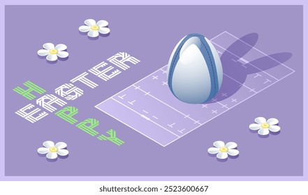 Tarjeta de felicitación de Pascua feliz. Ilustración isométrica con huevo de Pascua en 3D como pelota de rugby y campo de rugby. Ilustración vectorial.