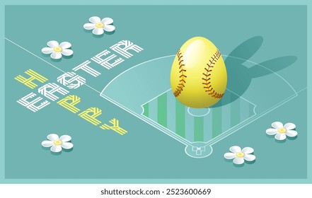 Happy Easter greeting card. Isometric illustration with 3D Easter egg as a softball ball and softball field. Vector illustration.