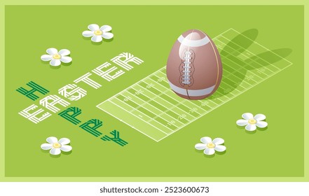 Feliz cartão de felicitações da Páscoa. Ilustração isométrica com ovo de Páscoa 3D como uma bola de futebol e campo de futebol. Ilustração vetorial.