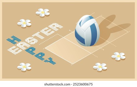 Frohe Ostern Grußkarte. Isometrische Illustration mit 3D-Osterei als Volleyball- und Volleyballplatz. Vektorgrafik.