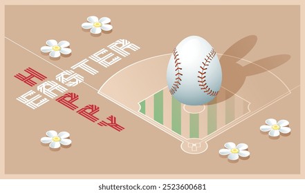 Happy Easter greeting card. Isometric illustration with 3D Easter egg as a baseball ball and baseball field. Vector illustration.