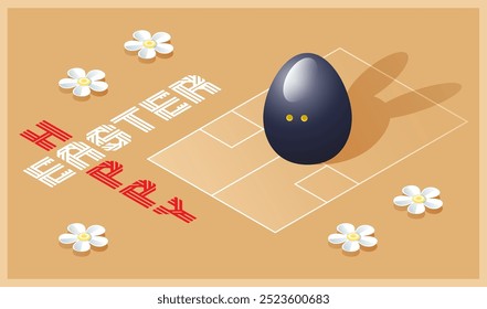 Happy Easter greeting card. Isometric illustration with 3D Easter egg as a squash ball and squash court. Vector illustration.