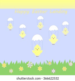 Happy Easter greeting card with landing. Vector illustration.