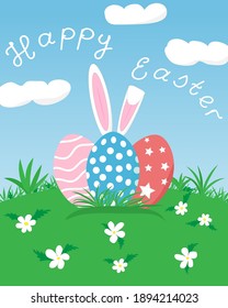 Happy Easter Greeting Card with landscape, Easter eggs with rabbit ears in flat design style. Vector illustration
