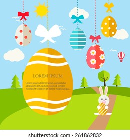 Happy Easter  Greeting card with landscape, hanging Easter eggs with ribbons and rabbits in flat design style , vector illustration