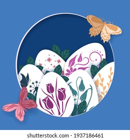 Happy Easter greeting card. Laser cut. Vector layered paper cut style Easter egg, leaves, flowers and butterflies. Scrapbooking.