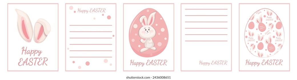 Happy Easter greeting card layout designer. Vector editable template with pink color elements and symbols for cards, design selection, print, social media, posters