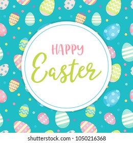 Happy Easter - greeting card with lettering and Easter eggs background. Vector illustration in pastel colors, design template 
