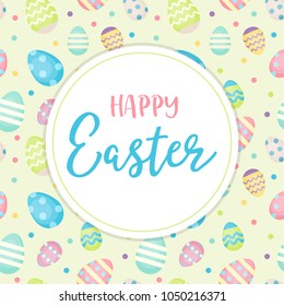 Happy Easter - greeting card with lettering and Easter eggs background. Vector illustration in pastel colors, design template 