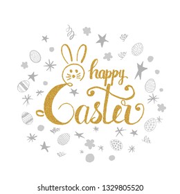 Happy Easter greeting card. Happy Easter lettering isolated on white background. Vector illustration.