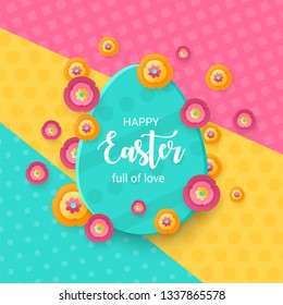 Happy Easter greeting card with a lettering. Layered Eggs Hunt. Paper cut flowers on Polca dot colorful backdrop. Holiday symbol for e-mail newsletter, sale banners, voucher, add. Vector Illustration