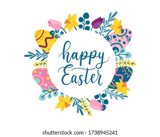 Happy easter greeting card with lettering vector illustration. Floral and egg bright decoration flat style. Spring holiday concept. Isolated on white background